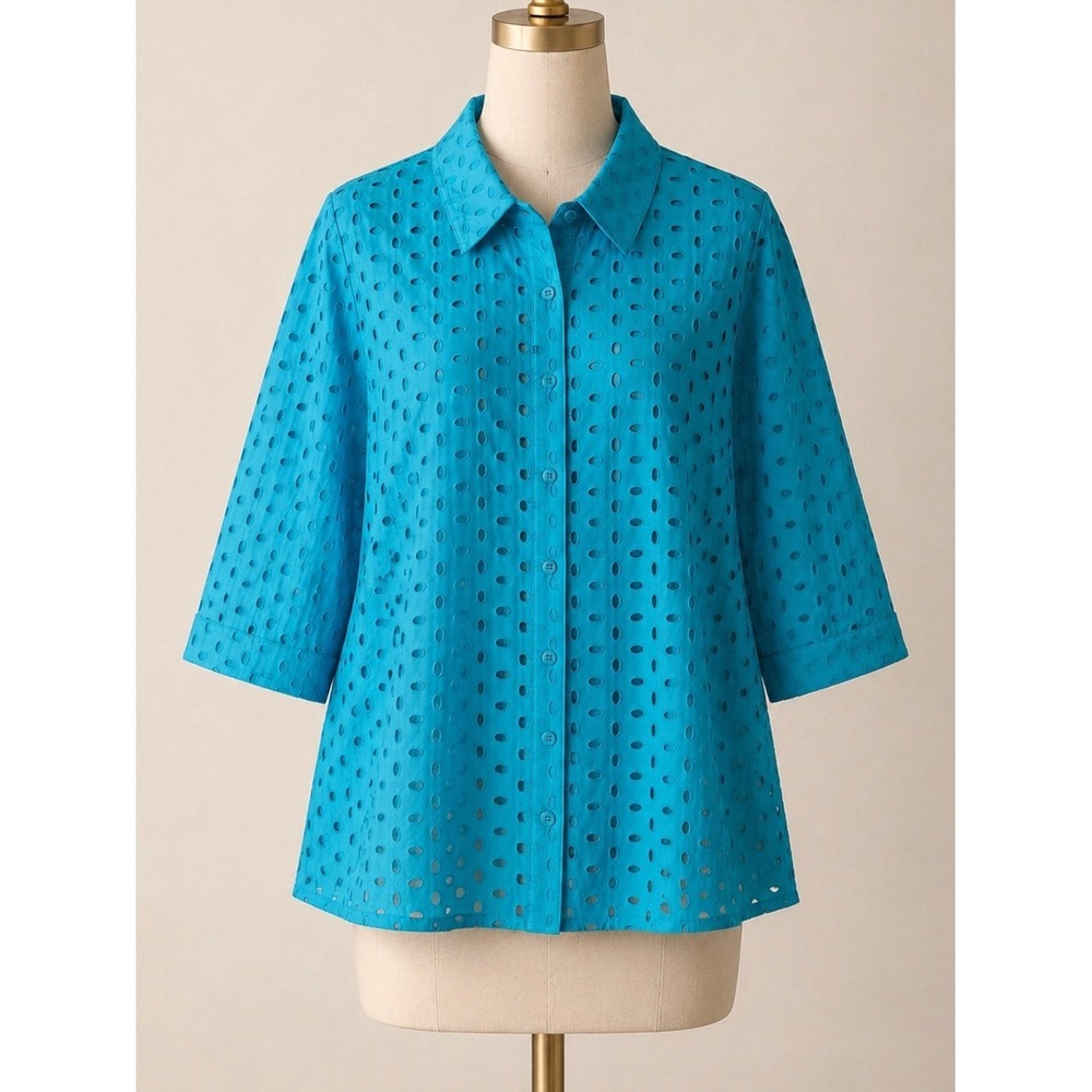 DENIM & CO Plus Size Eyelet Blouse 2X Button Up Shirt Resort Vacation Boho